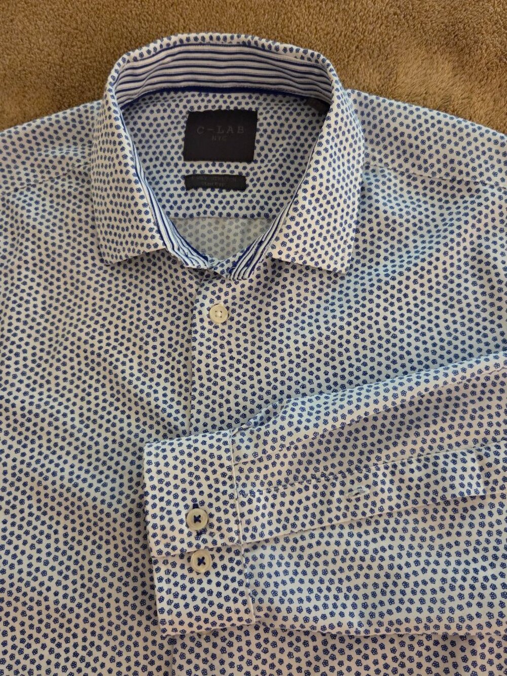 C-LAB NYC Mens L Slim Dress Shirt 16 34/35 Cutaway Collar Blue Floral Stretch